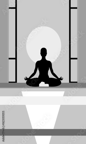 Man meditating in lotus pose silhouette vector illustration
