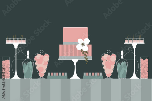 Wedding  candy bar with cake. Dessert table.  Vector illustration.