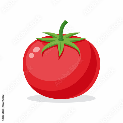 Vibrant Cartoon Tomato Illustration Isolated on White Background with Green Stem and Leaves