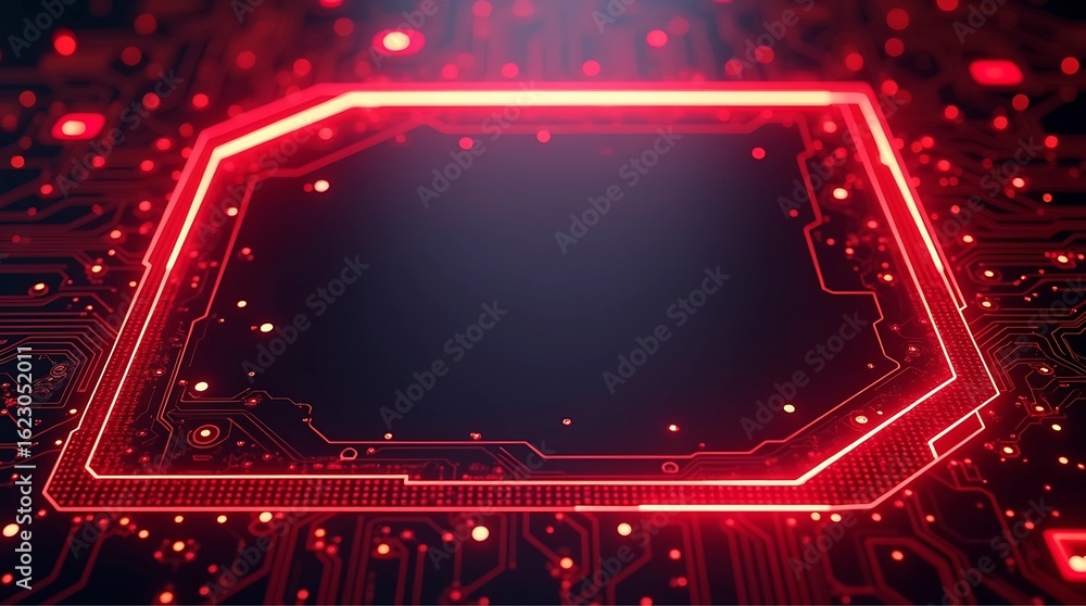 Obraz premium High-tech close-up of a glowing red microchip on an electronic circuit board, representing modern technology, artificial intelligence, digital processing, and futuristic innovation. Perfect for themes