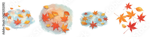 Set of isolated puddles with autumn leaves in colorful design  