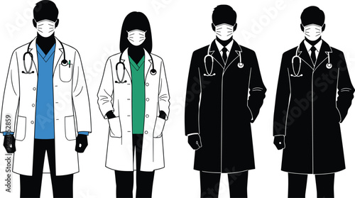 Vector illustration of medical professionals in masks, male and female doctors wearing lab coats and stethoscopes, healthcare worker design