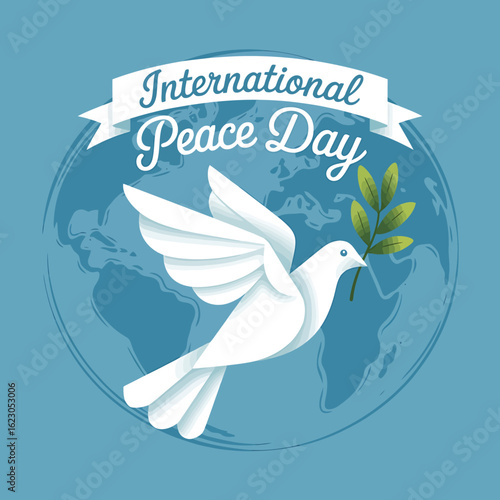 Dove carrying olive branch on globe for international peace day celebration