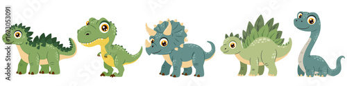 A set of vector illustrations in a simple cartoon style. Cute dinosaurs with big eyes on a white background. High quality photo