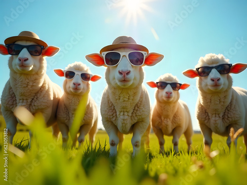 Lustige Herde Schafe posiert lässig und cool mit Sonnenbrillen und Hüten auf der Weide. Ein ungewöhnlicher Moment voller Spaß und Modebewusstsein