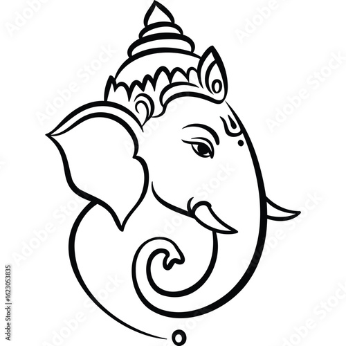 Illustration of ganesha with intricate details and a decorative crown in a minimalist black and white style silhouette
