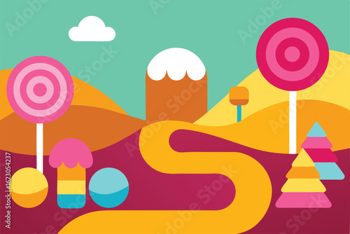 colorful candy land with sweets and chocolate rive (1).eps