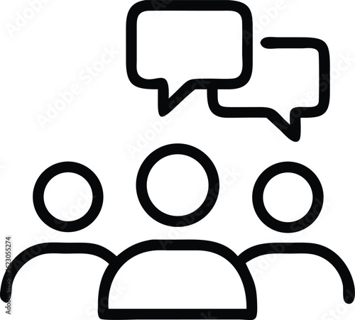 Collaborative discussion icon: Illustrative minimalist artwork representing a group of individuals engaged in a dialogue, suggesting teamwork and communication.