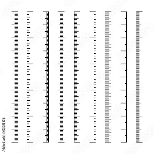 Vertical measurement scales with divisions. Realistic scale for measuring length or height in centimeters, millimeters or inches. Ruler, tape measure marks, size indicators. Vector illustration