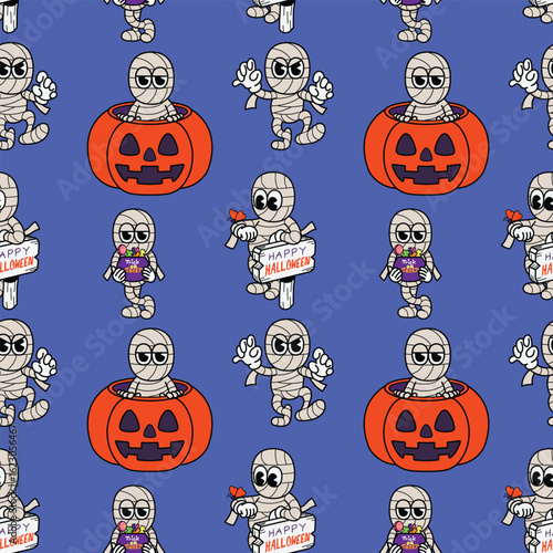 Cute Cartoon Mummy Seamless Halloween Pattern cartoon illustration gift wrap orange design