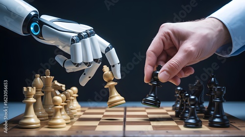 Human hand and robotic arm playing a strategic game of chess symbolizing the competition and collaboration between artificial intelligence and humanity in a modern world
