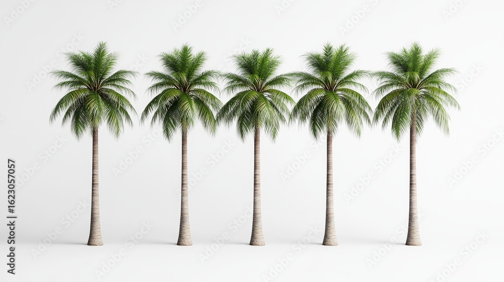Obraz premium Five Lush Coconut Palm Trees on White Background, Tropical, 3D Render Tropical Plants, Coconut Palm