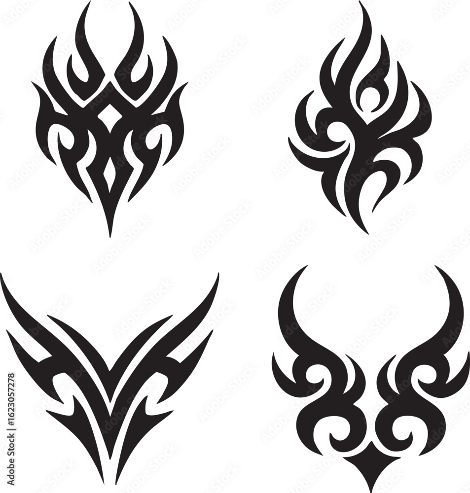 Naklejka premium Collection of four black tribal tattoo designs on a white background tribal art
