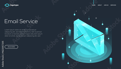 Wallpaper Mural Futuristic isometric illustration of an email service concept with a glowing 3D envelope icon, modern design, and digital elements. Ideal for tech, communication, or web platforms.  Torontodigital.ca