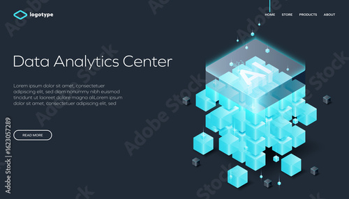 Futuristic isometric illustration of a data analytics center with glowing AI cube, abstract blocks, and digital grid. Ideal for tech, big data, machine learning, and artificial intelligence themes.