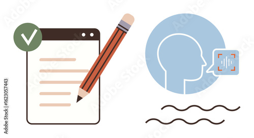 Pencil and checklist represent task completion. Head profile and speech waveform highlight voice-to-text conversion. Ideal for productivity, language learning, AI, communication, education