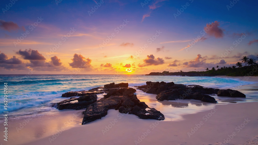 Tropical Beach Sunrise with Black Rocks and Colorful Sky Tropical Beach Sunrise with Black Rocks and Colorful Sky