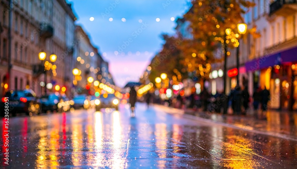 Fototapeta premium Rainy Twilight Glow: Vibrant Bokeh Reflections on a Wet City Street
