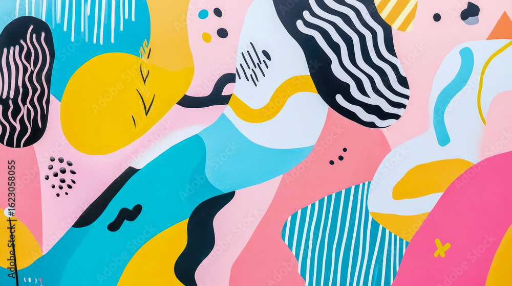Fototapeta premium Vibrant Abstract Composition with Playful Organic Shapes and Bold Graphic Elements in Pink, Yellow, Blue, and Black Hues
