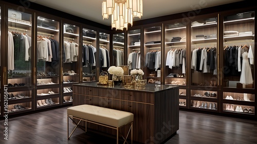High-end walk-in closet design featuring black walnut panels, brushed gold hardware, a central island with glass drawers, sleek pendant lighting, and a rich taupe carpet, full frame,