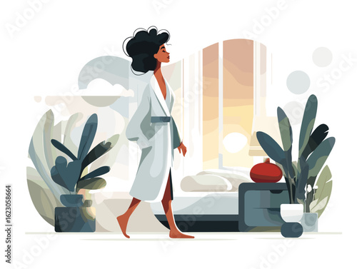 Woman walking in bathrobe with plants in modern bedroom interior  