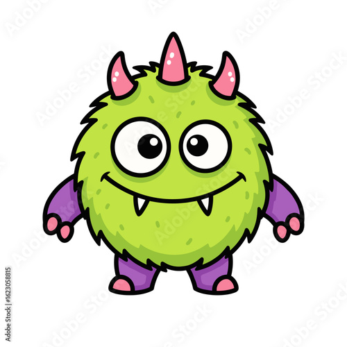 Cute green monster character with purple limbs and pink spikes  