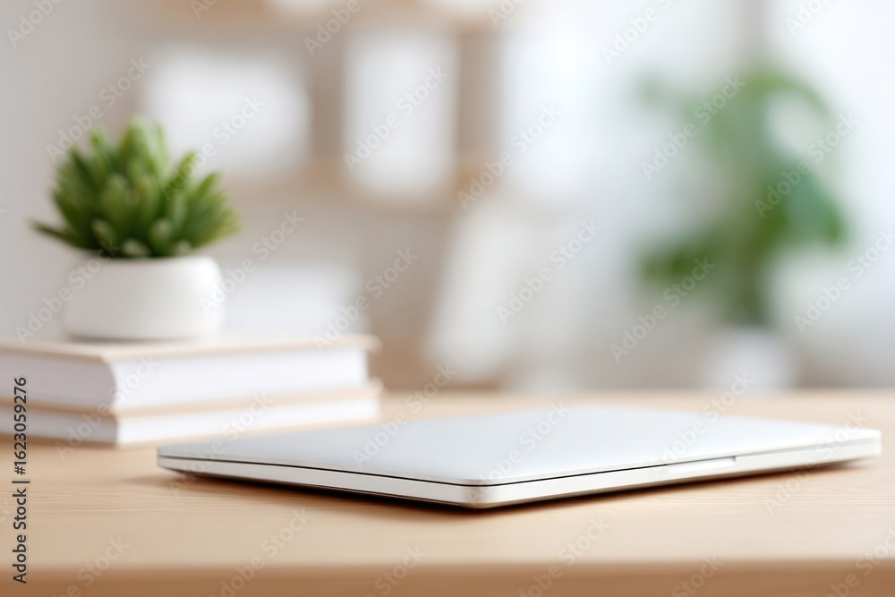 Fototapeta premium Minimalist workspace features laptop, books, and potted plant, e