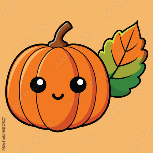 Happy orange pumpkin with leaf green brown