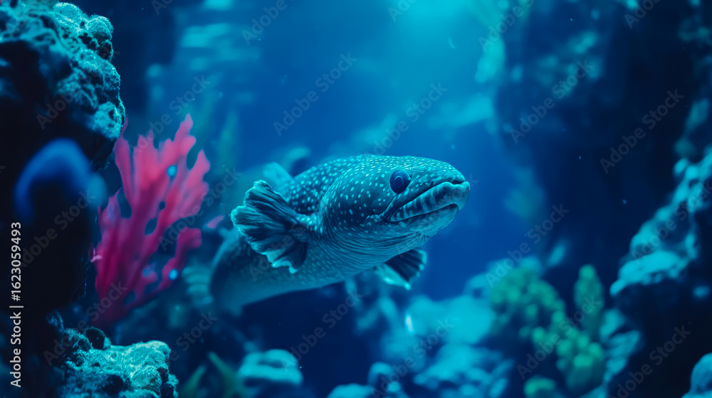 Obraz premium Mysterious spotted marine creature with unique lobed fins, gracefully swimming amidst vibrant coral and red underwater flora in a deep blue illuminated aquarium