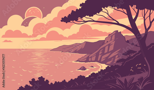 Serene pixel art landscape depicting a tranquil ocean coastline with dramatic rock formations under a warm cloudy sunset sky