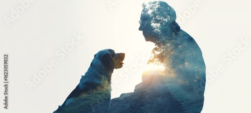Double Exposure of Elderly Person and Pet Silhouette Revealing Warm Moments of Companionship, Minimalist Concept Design

