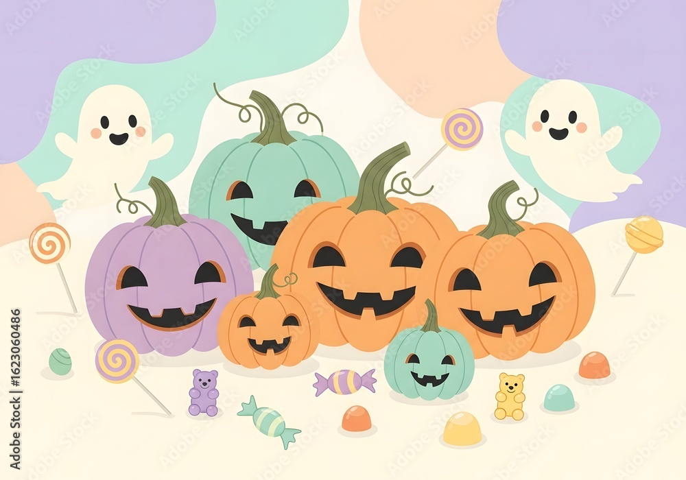 Naklejka premium Cute pastel Halloween illustration with jack-o'-lanterns and ghosts