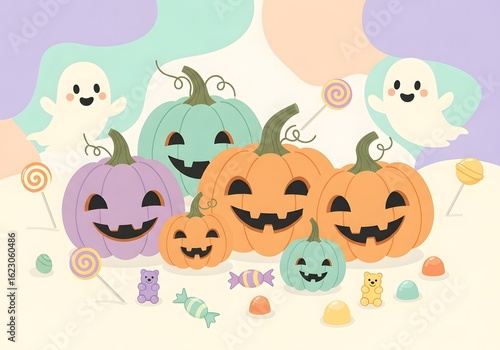 Cute pastel Halloween illustration with jack-o'-lanterns and ghosts
