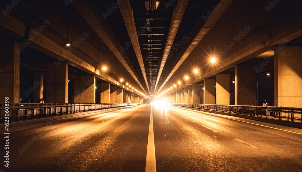 Urban Concrete Canyon: Symmetrical Highway Underpass Bathed in Golden Light Urban Concrete Canyon: Symmetrical Highway Underpass Bathed in Golden Light