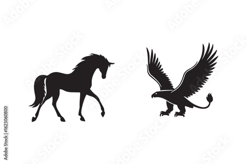 Silhouette of a majestic horse and a powerful eagle in flight