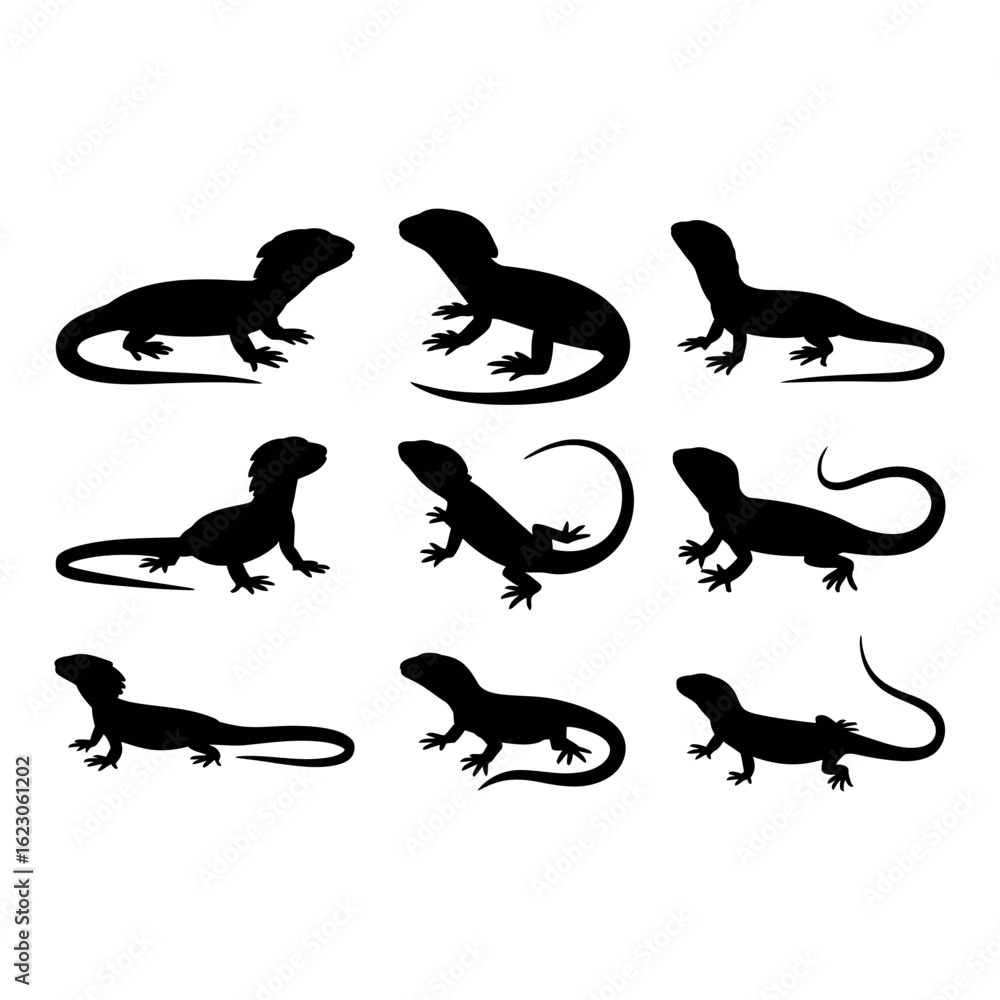 Fototapeta premium Collection of nine black lizard silhouettes in various poses lizards reptile