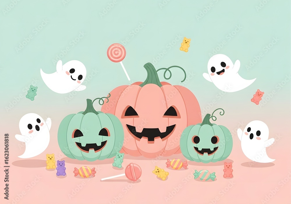 Fototapeta premium A whimsical Halloween illustration featuring cute ghosts and pastel pumpkins surrounded by candy.