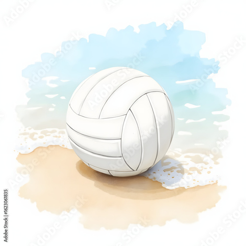 Watercolor Illustration of a White Volleyball on Sandy Beach with Ocean Waves

