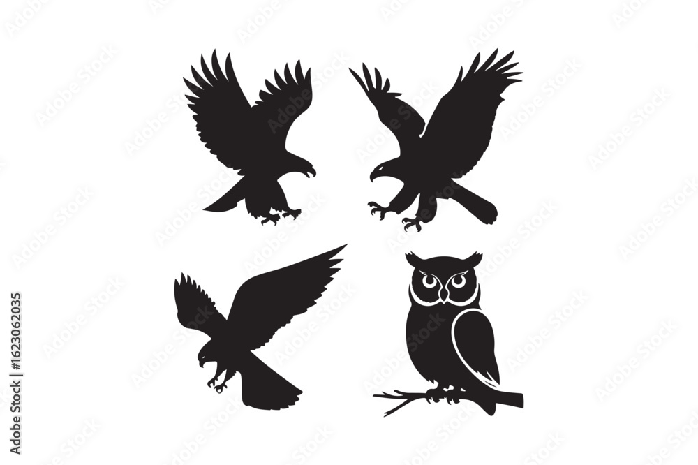Fototapeta premium Four silhouette birds of prey including eagles and owl