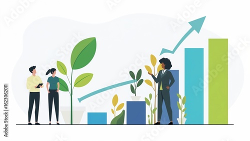Business Growth Chart with Diverse Team and Plant Metaphor on White Background