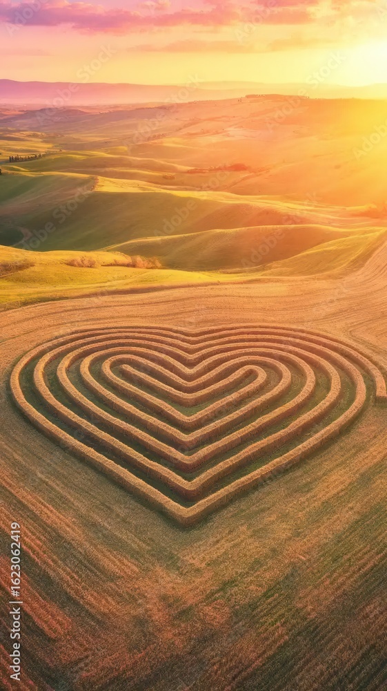 Naklejka premium Scenic landscape with a heart-shaped maze in a field during a golden sunset