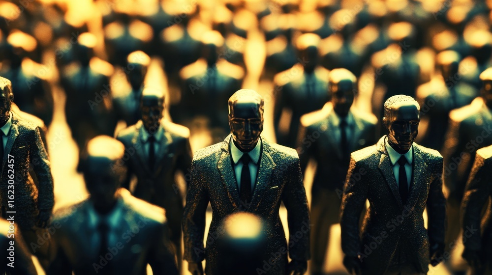 Obraz premium Abstract representation of individuality and conformity through metallic figures in business suits in a crowd, highlighting themes of identity, society, and human nature