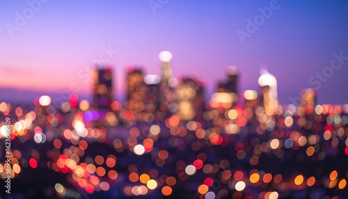 Vibrant Bokeh Lights of the Los Angeles Skyline Against a Purple Sunset Sky