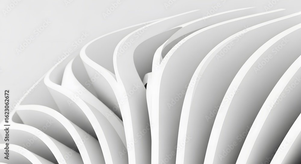 Naklejka premium Abstract white architectural background with smooth, curved, repeating geometric shapes. A modern, clean, and futuristic design for presentations or backdrops.