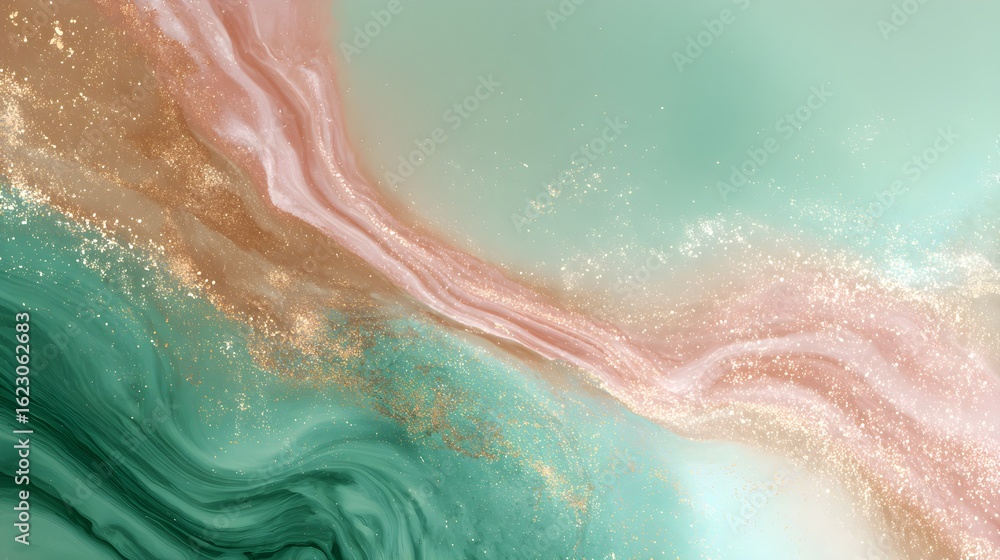 Fototapeta premium Abstract Fluid Art Background with Teal, Coral, and Gold Glitter