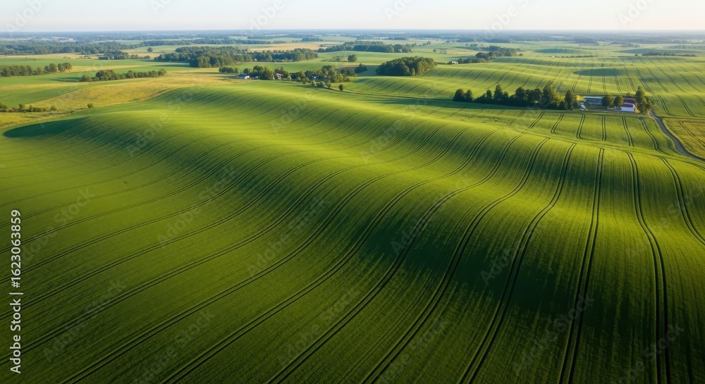 Fototapeta premium Rolling Green Landscape: A stunning aerial view of a rolling green field stretches towards the horizon, capturing the textures of cultivated land under a clear blue sky.