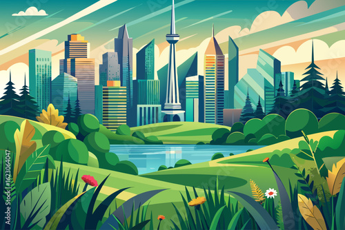 vectot of Skyscrapers can be seen from a distance from green nature and grass. The country of Canada. Canada, a beautiful view from afar...