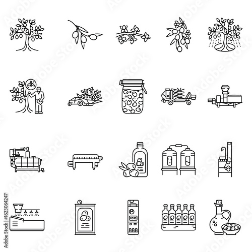 Olive oil production black line icons set.