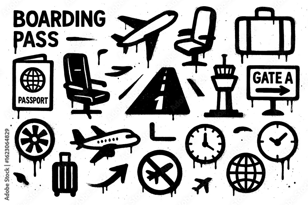 Obraz premium Air travel and airport icons in spray paint stencil style, Transparent Background