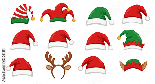A Collection of Festive Holiday Headwear Including Santa Hats Elf Caps Jester Hats and Antlers Perfect for Christmas Celebrations and Costume Parties